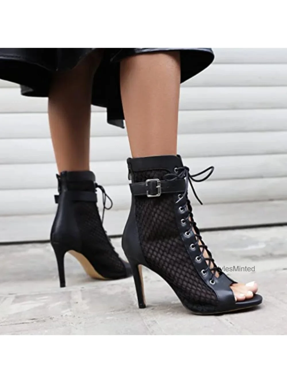 Women's Heeled Mesh Sandals Open Toe Lace Up Ankle Strap PU